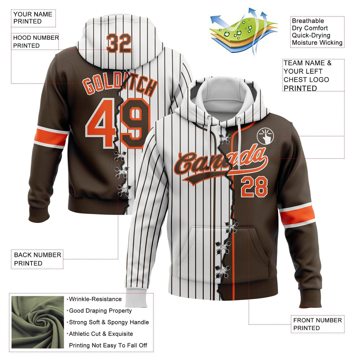 Custom White Brown Pinstripe-Orange Split Ripped Pattern Baseball Pullover Sweatshirt Hoodie photo 3
