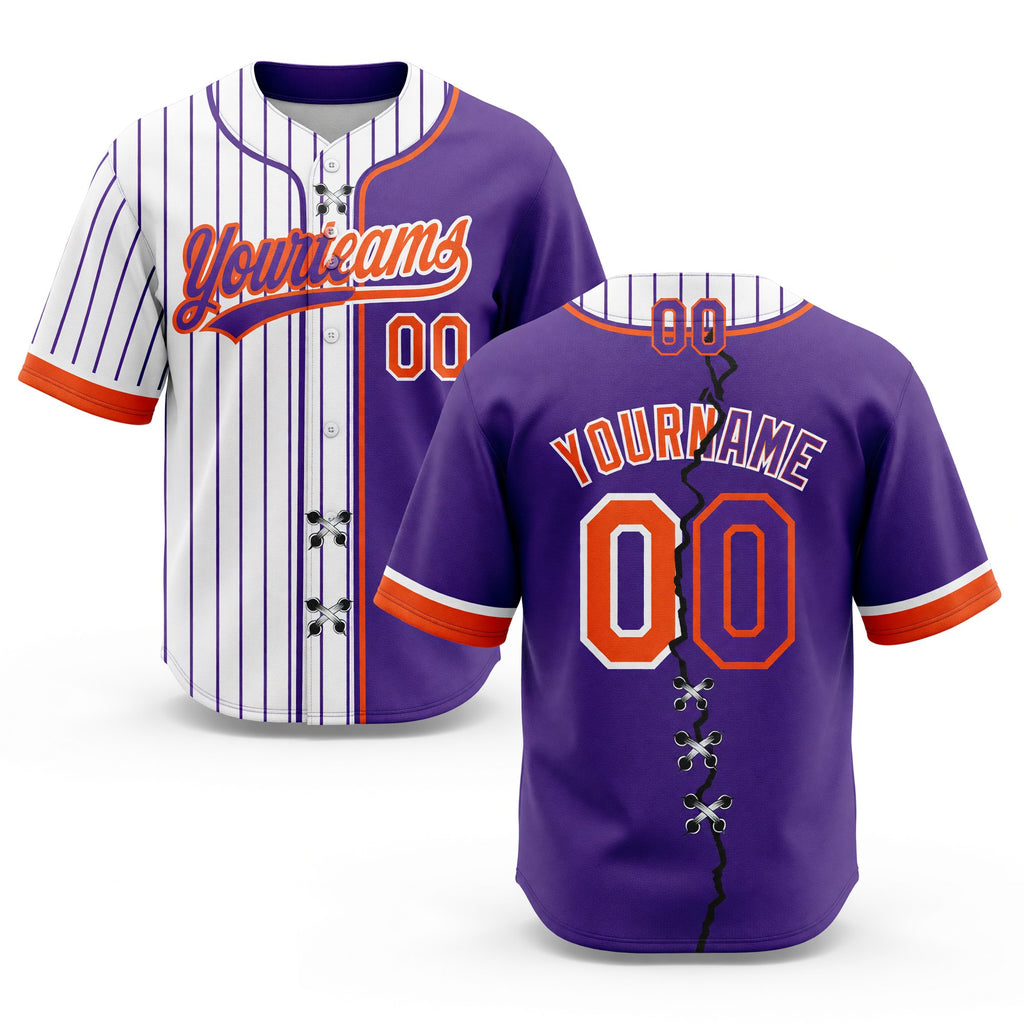 Custom White Purple Pinstripe-Orange Split Ripped Pattern Baseball Pullover Sweatshirt Hoodie