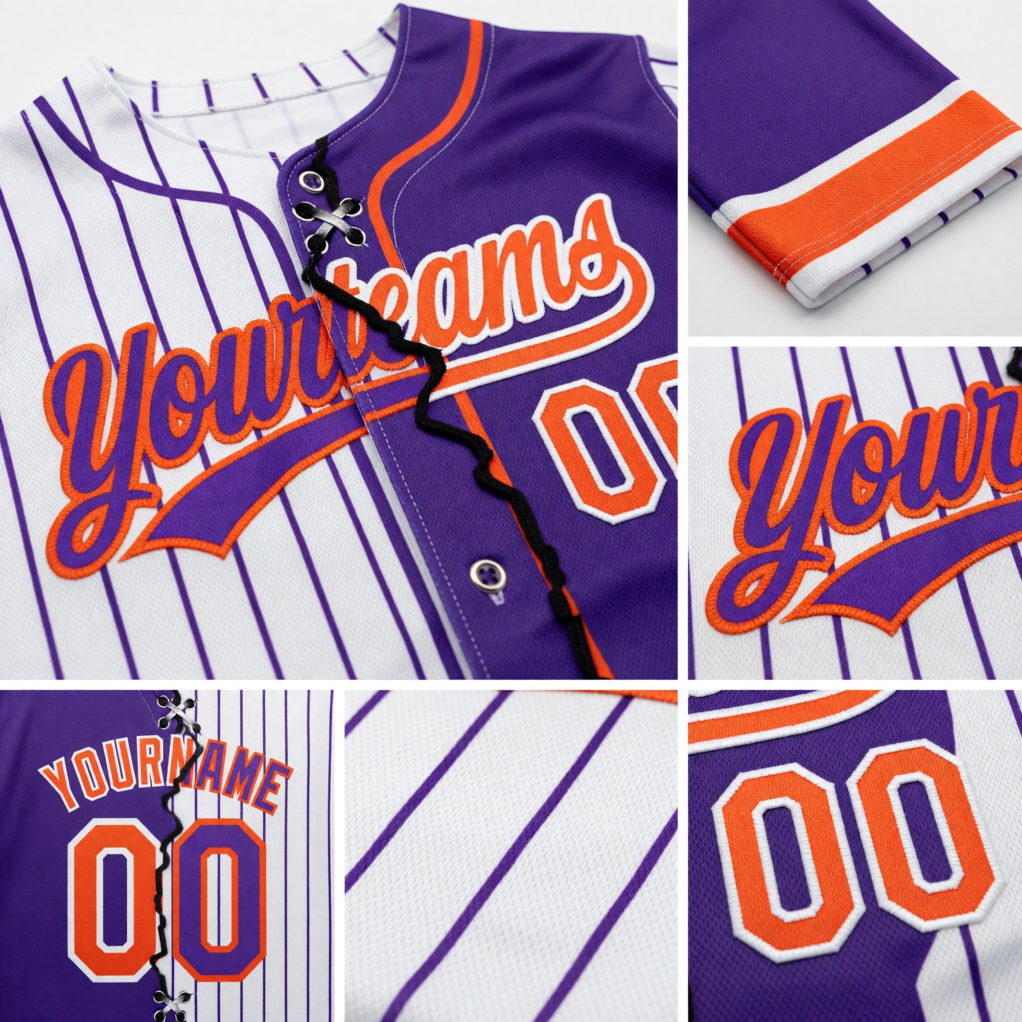 Custom White Purple Pinstripe-Orange Split Ripped Pattern Baseball Pullover Sweatshirt Hoodie detail