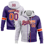 Custom White Purple Pinstripe-Orange Split Ripped Pattern Baseball Pullover Sweatshirt Hoodie photo 1