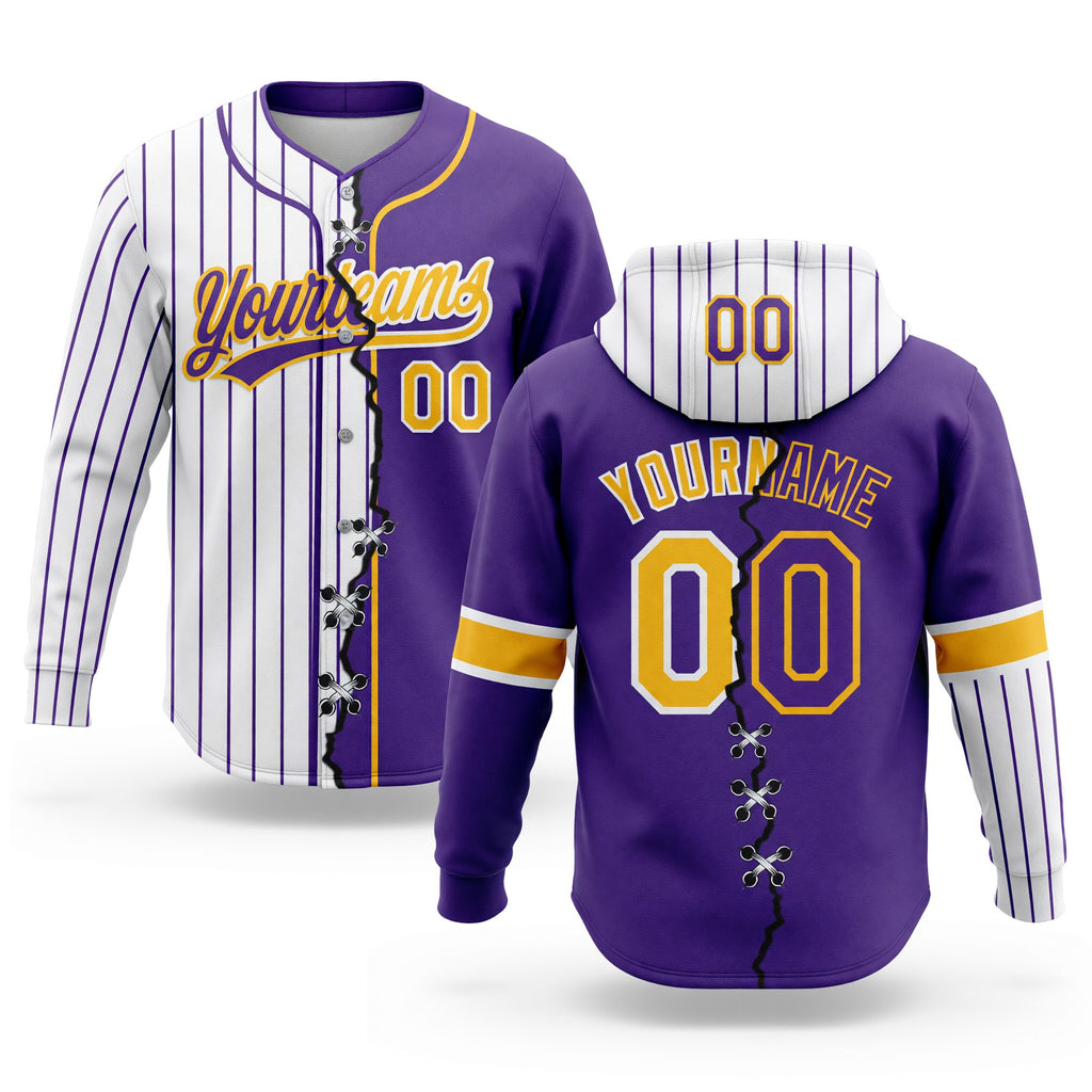 Custom White Purple Pinstripe-Gold Split Ripped Pattern Baseball Pullover Sweatshirt Hoodie
