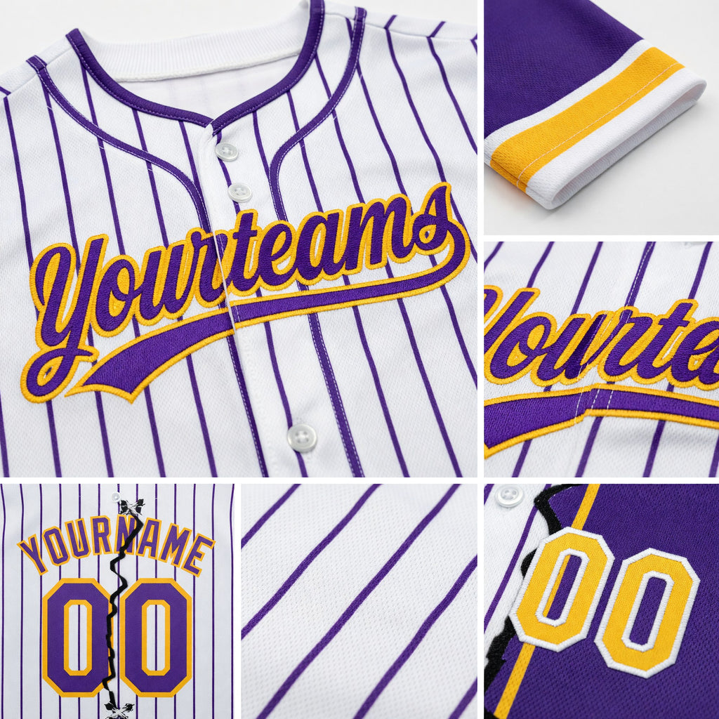 Custom White Purple Pinstripe-Gold Split Ripped Pattern Baseball Pullover Sweatshirt Hoodie detail