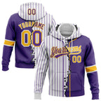 Custom White Purple Pinstripe-Gold Split Ripped Pattern Baseball Pullover Sweatshirt Hoodie photo 1