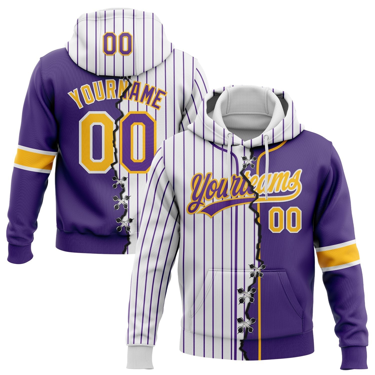 Custom White Purple Pinstripe-Gold Split Ripped Pattern Baseball Pullover Sweatshirt Hoodie photo 1