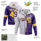 Custom White Purple Pinstripe-Gold Split Ripped Pattern Baseball Pullover Sweatshirt Hoodie photo 3
