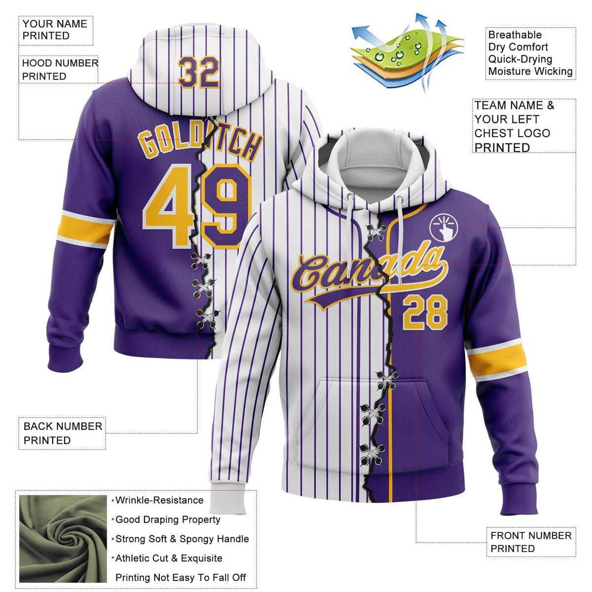 Custom White Purple Pinstripe-Gold Split Ripped Pattern Baseball Pullover Sweatshirt Hoodie photo 3