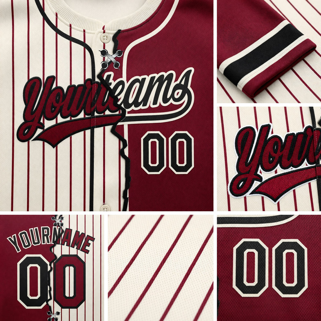 Custom Cream Crimson Pinstripe-Black Split Ripped Pattern Baseball Pullover Sweatshirt Hoodie detail