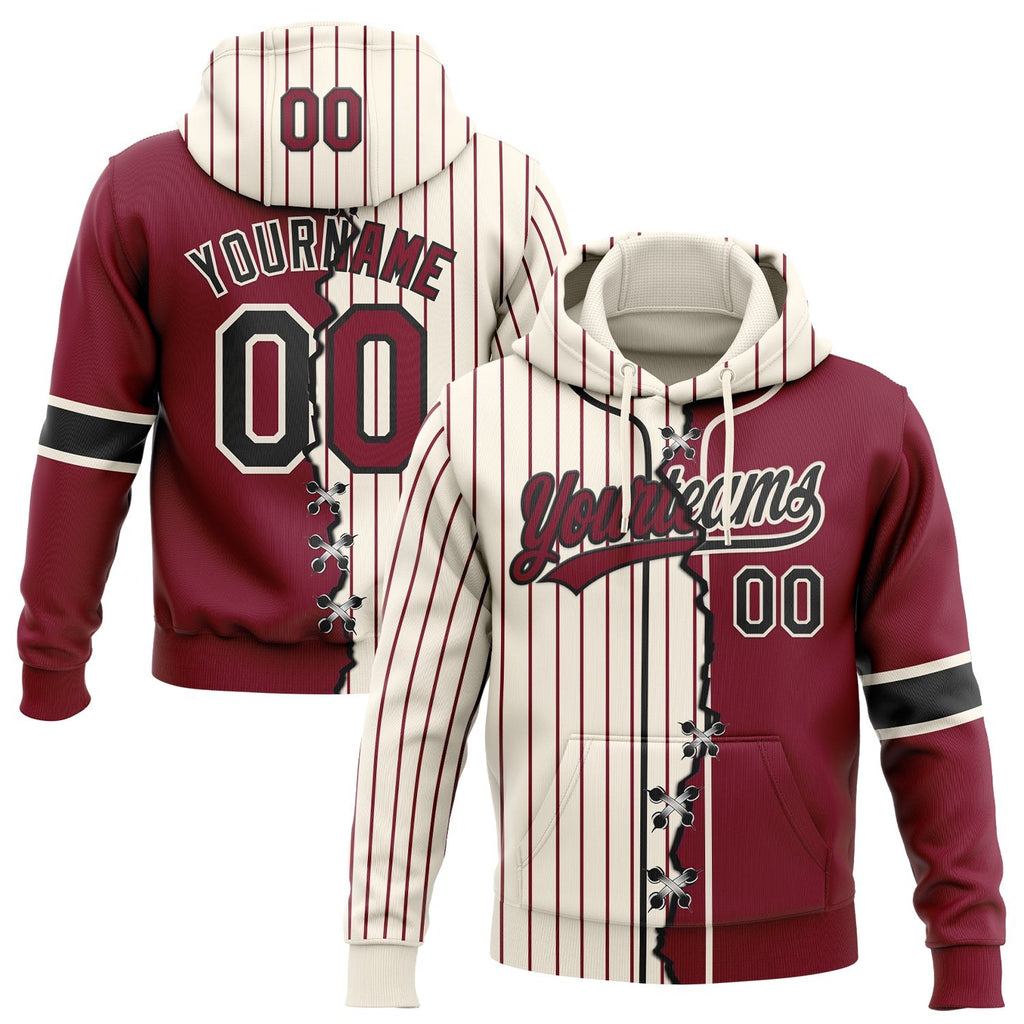Custom Cream Crimson Pinstripe-Black Split Ripped Pattern Baseball Pullover Sweatshirt Hoodie photo 1