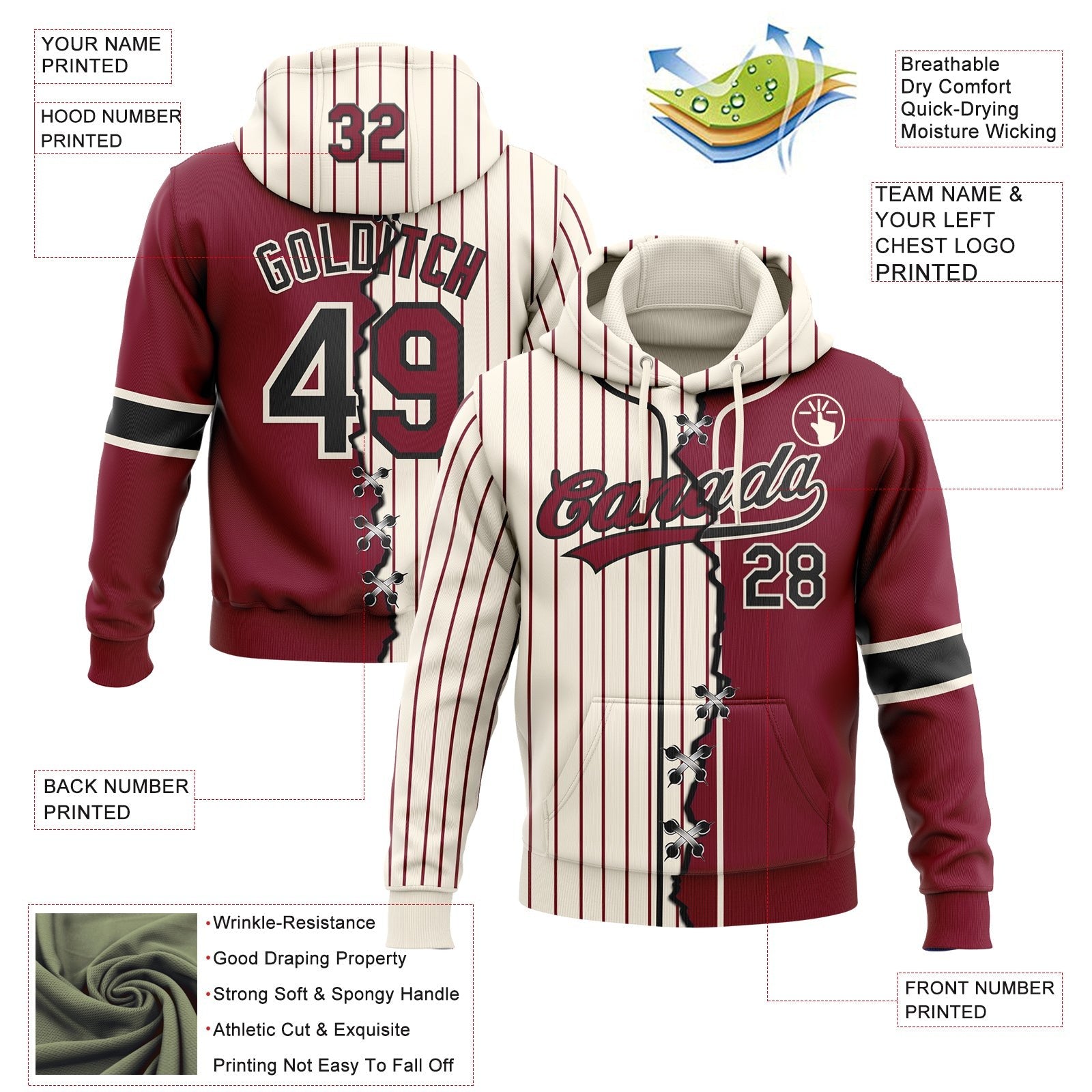 Custom Cream Crimson Pinstripe-Black Split Ripped Pattern Baseball Pullover Sweatshirt Hoodie photo 3