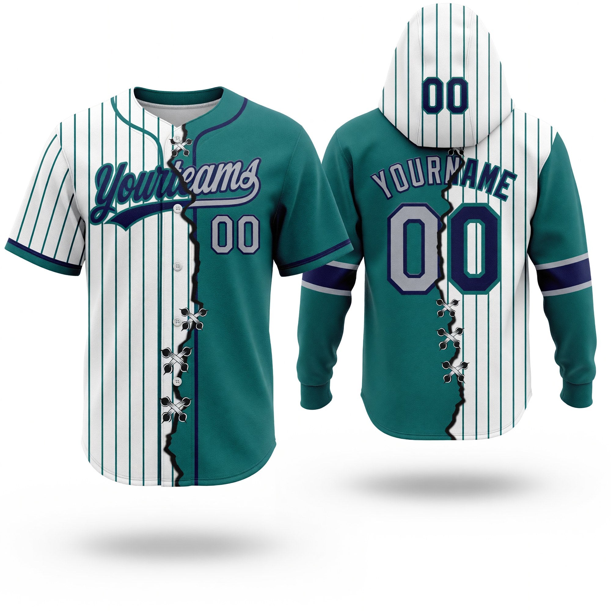 Custom White Teal Pinstripe Gray-Navy Split Ripped Pattern Baseball Pullover Sweatshirt Hoodie