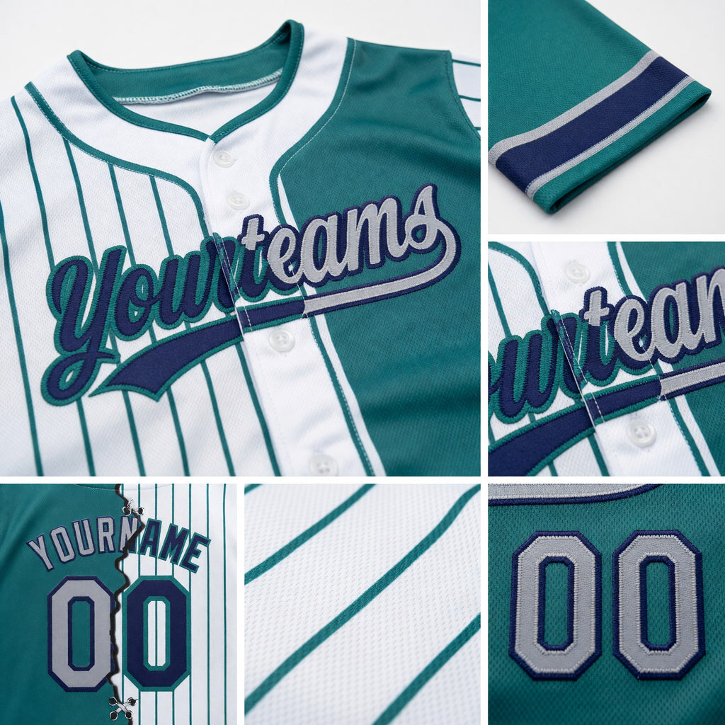 Custom White Teal Pinstripe Gray-Navy Split Ripped Pattern Baseball Pullover Sweatshirt Hoodie detail