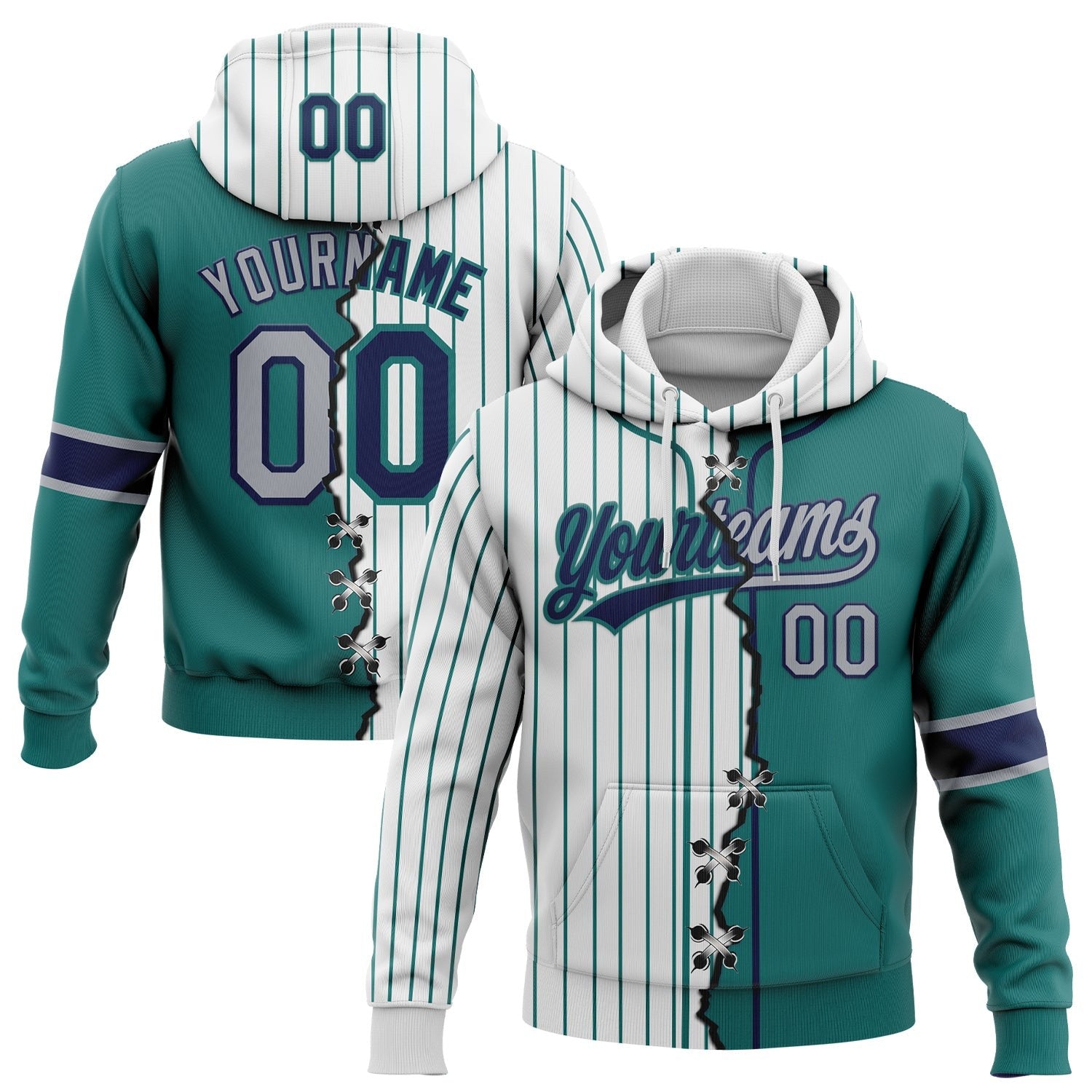 Custom White Teal Pinstripe Gray-Navy Split Ripped Pattern Baseball Pullover Sweatshirt Hoodie photo 1