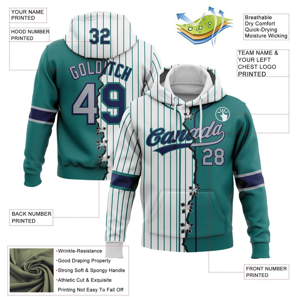 Custom White Teal Pinstripe Gray-Navy Split Ripped Pattern Baseball Pullover Sweatshirt Hoodie photo 3