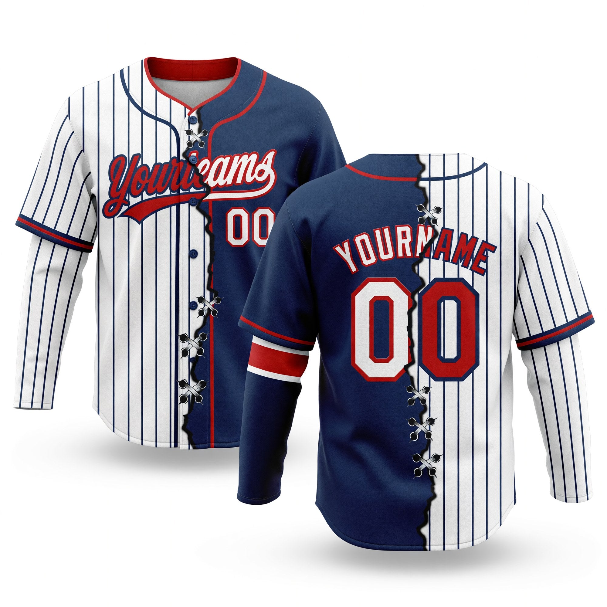 Custom White Navy Pinstripe-Red Split Ripped Pattern Baseball Pullover Sweatshirt Hoodie