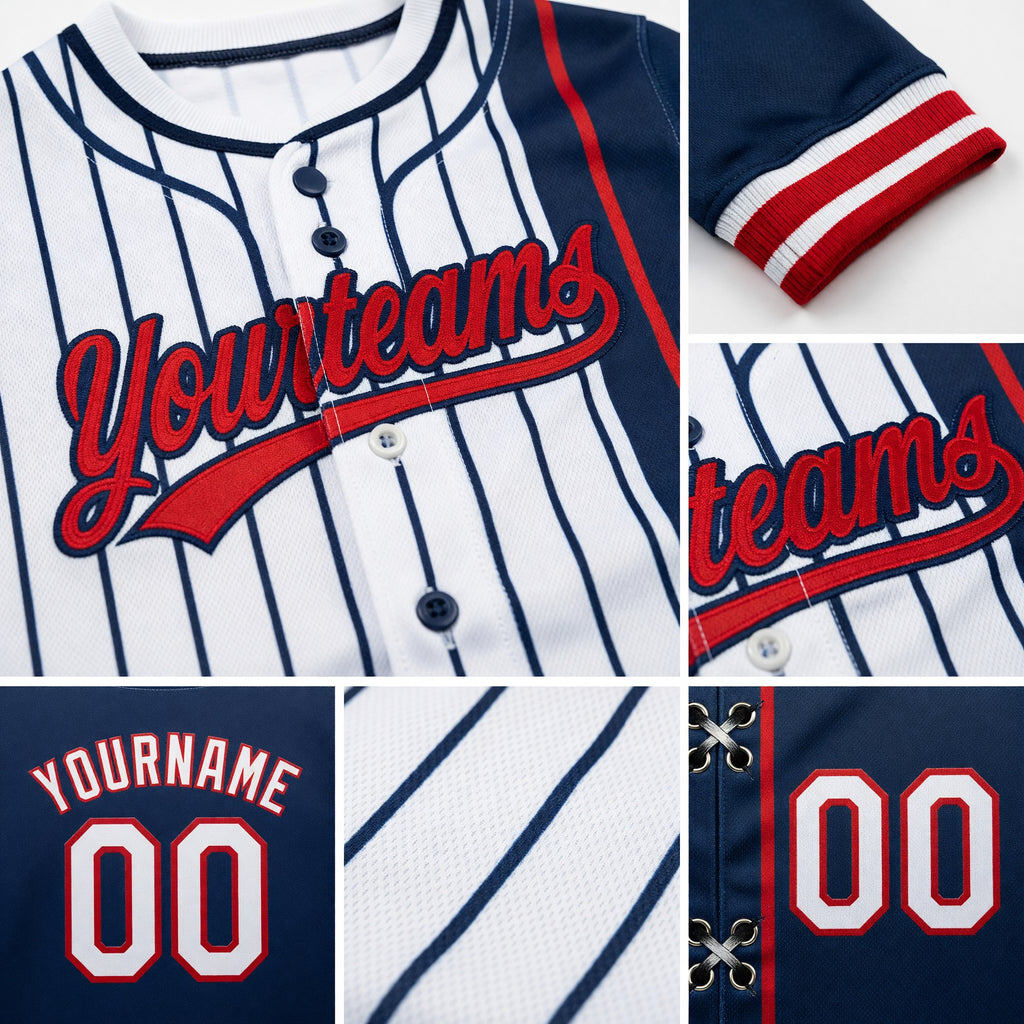 Custom White Navy Pinstripe-Red Split Ripped Pattern Baseball Pullover Sweatshirt Hoodie detail