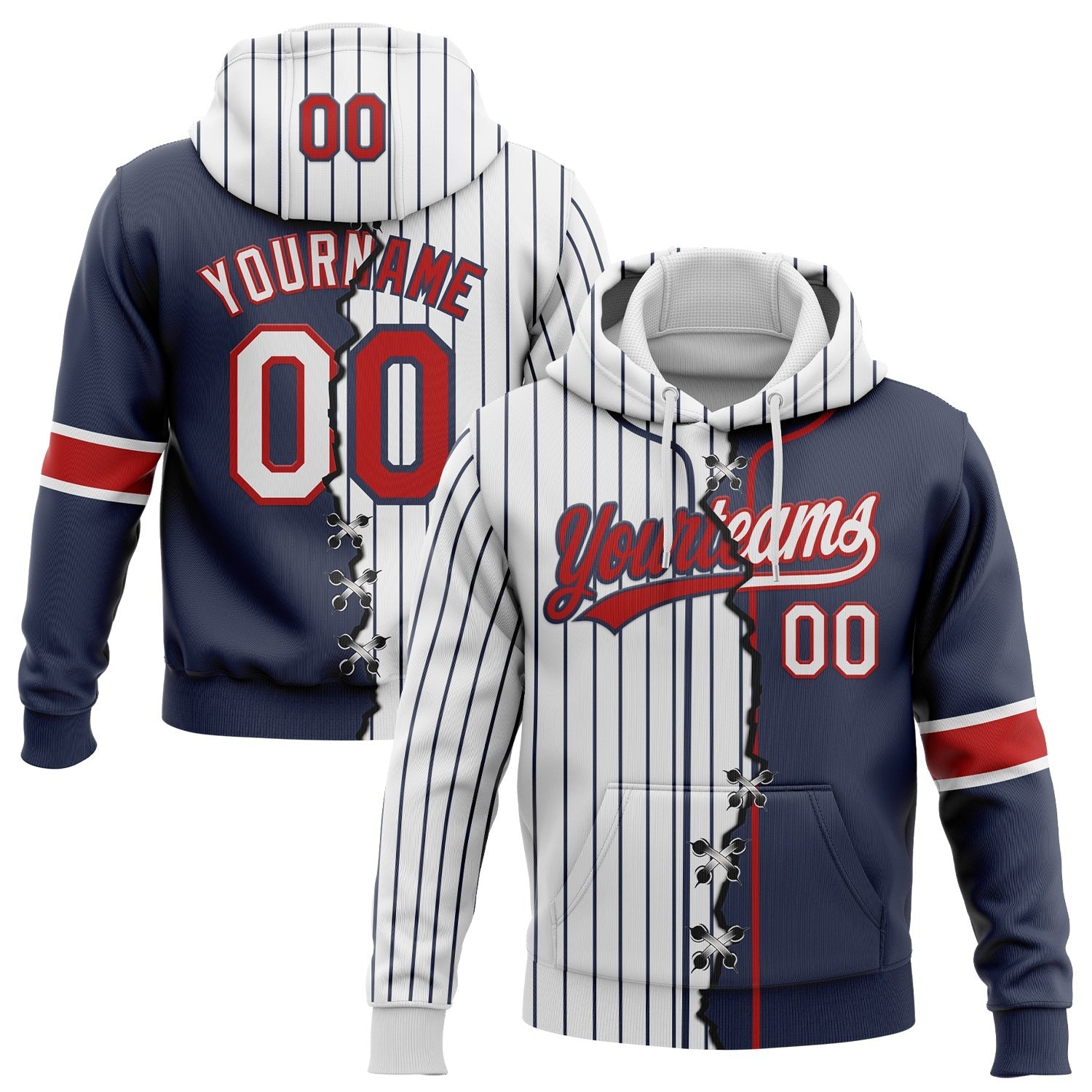 Custom White Navy Pinstripe-Red Split Ripped Pattern Baseball Pullover Sweatshirt Hoodie photo 1