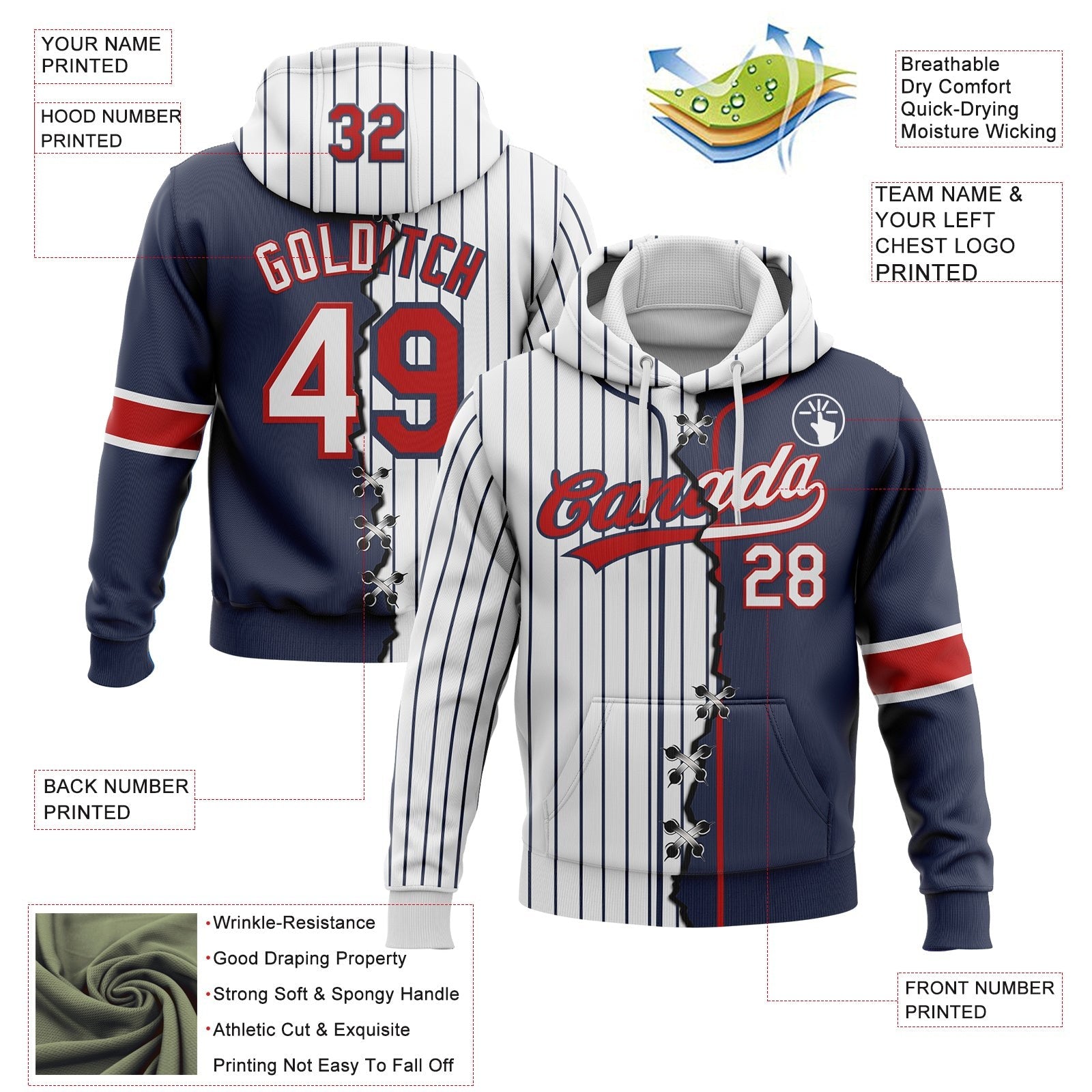 Custom White Navy Pinstripe-Red Split Ripped Pattern Baseball Pullover Sweatshirt Hoodie photo 3