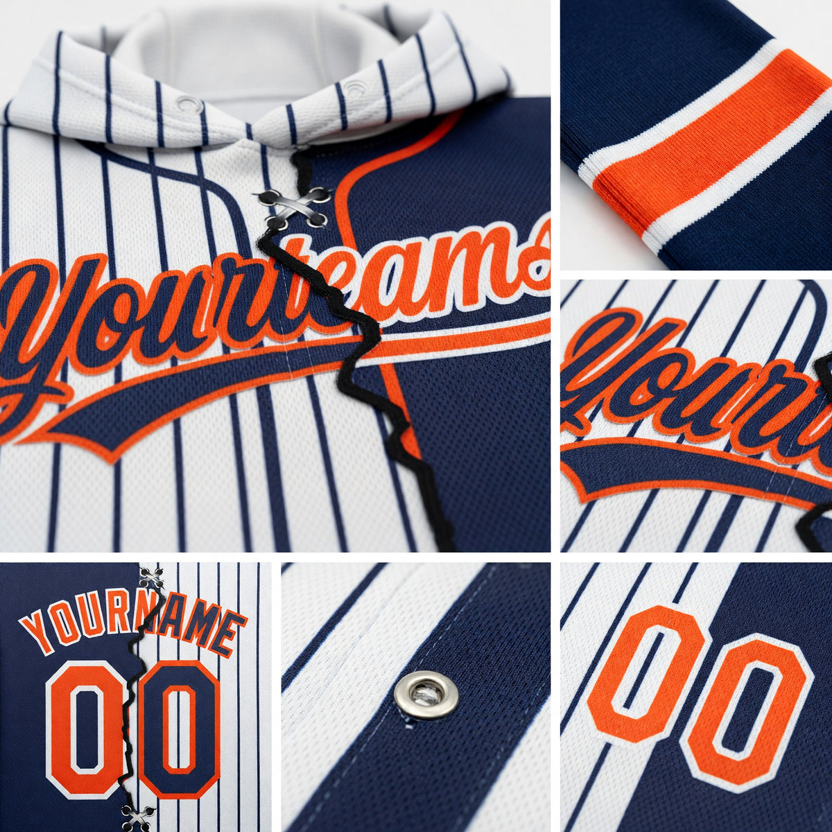 Custom White Navy Pinstripe-Orange Split Ripped Pattern Baseball Pullover Sweatshirt Hoodie detail
