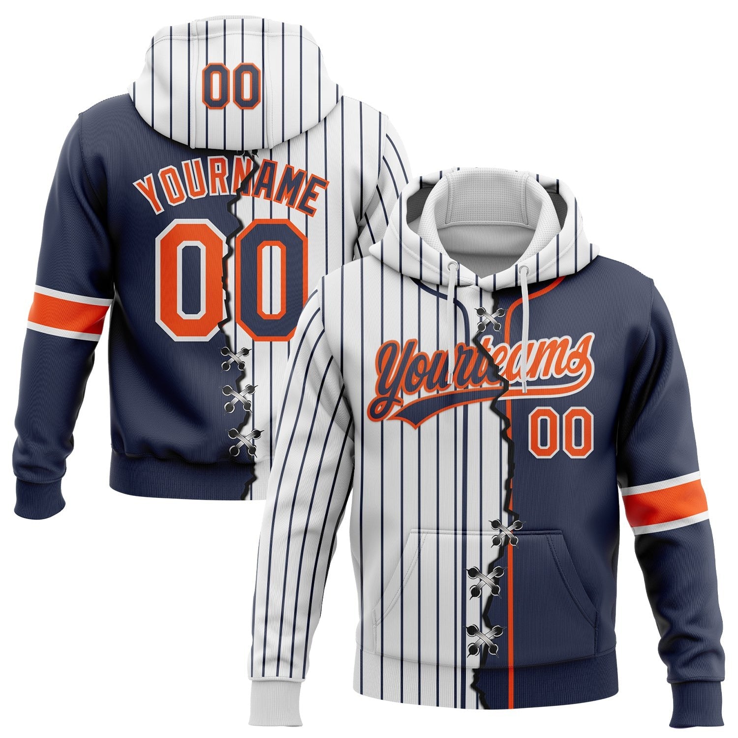 Custom White Navy Pinstripe-Orange Split Ripped Pattern Baseball Pullover Sweatshirt Hoodie photo 1