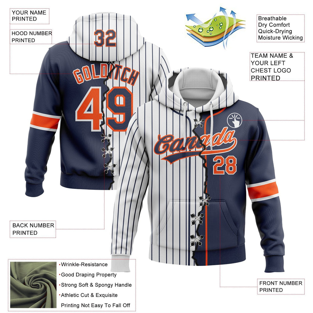 Custom White Navy Pinstripe-Orange Split Ripped Pattern Baseball Pullover Sweatshirt Hoodie photo 3