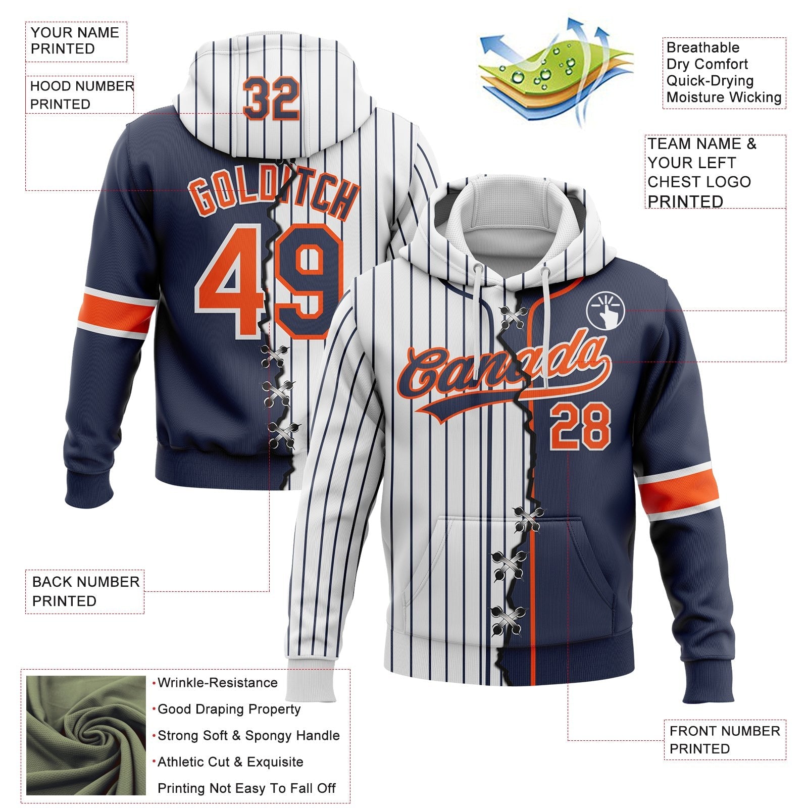Custom White Navy Pinstripe-Orange Split Ripped Pattern Baseball Pullover Sweatshirt Hoodie photo 3