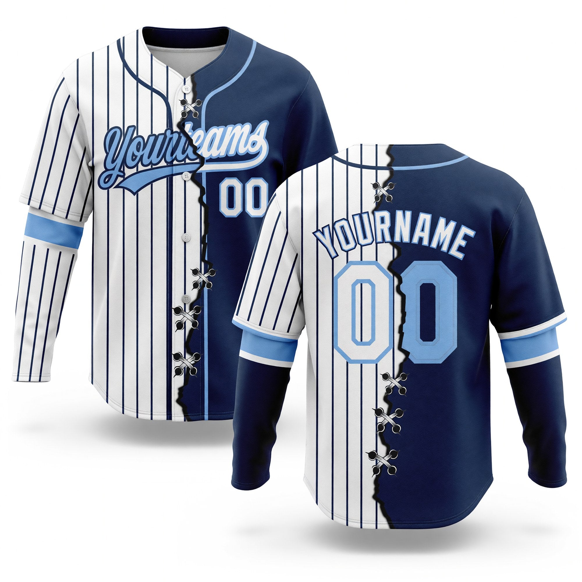 Custom White Navy Pinstripe-Light Blue Split Ripped Pattern Baseball Pullover Sweatshirt Hoodie