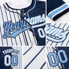 Custom White Navy Pinstripe-Light Blue Split Ripped Pattern Baseball Pullover Sweatshirt Hoodie detail