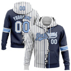 Custom White Navy Pinstripe-Light Blue Split Ripped Pattern Baseball Pullover Sweatshirt Hoodie photo 1