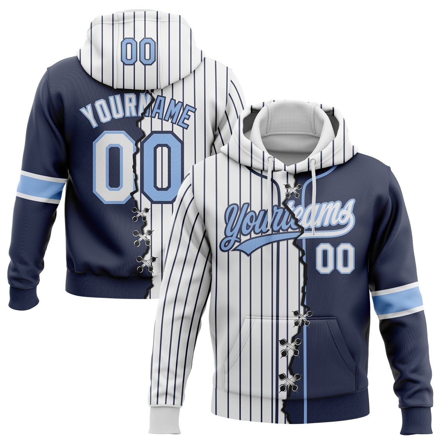 Custom White Navy Pinstripe-Light Blue Split Ripped Pattern Baseball Pullover Sweatshirt Hoodie photo 1