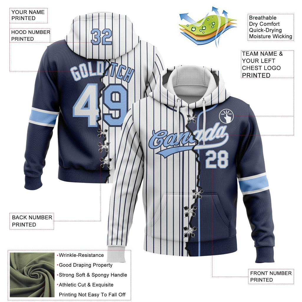 Custom White Navy Pinstripe-Light Blue Split Ripped Pattern Baseball Pullover Sweatshirt Hoodie photo 3