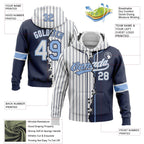 Custom White Navy Pinstripe-Light Blue Split Ripped Pattern Baseball Pullover Sweatshirt Hoodie photo 3