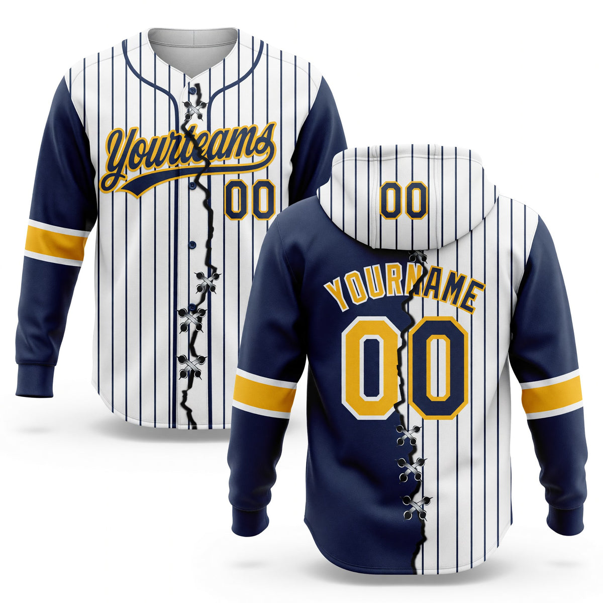 Custom White Navy Pinstripe-Gold Split Ripped Pattern Baseball Pullover Sweatshirt Hoodie