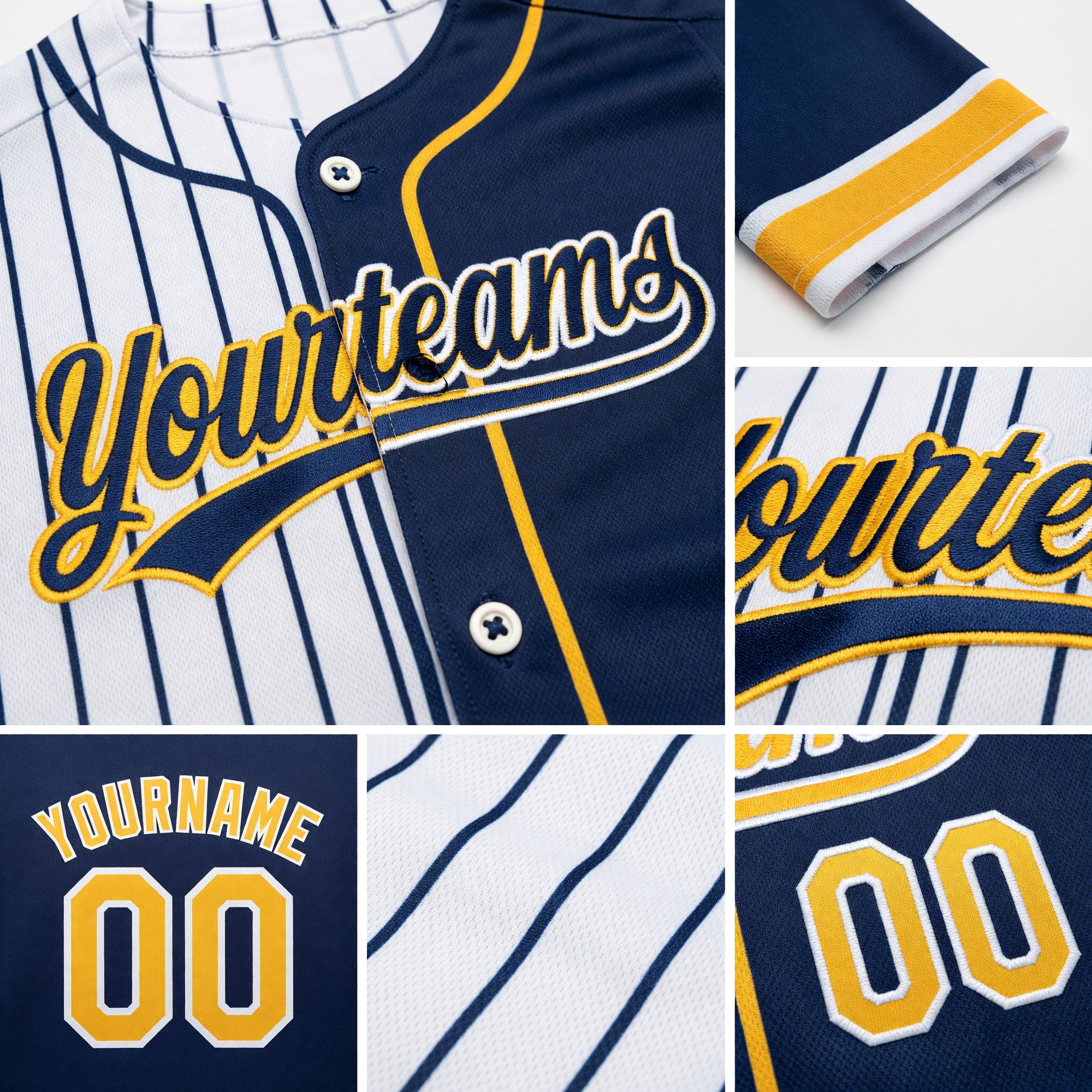 Custom White Navy Pinstripe-Gold Split Ripped Pattern Baseball Pullover Sweatshirt Hoodie detail