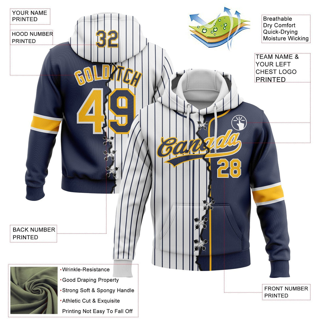 Custom White Navy Pinstripe-Gold Split Ripped Pattern Baseball Pullover Sweatshirt Hoodie photo 3