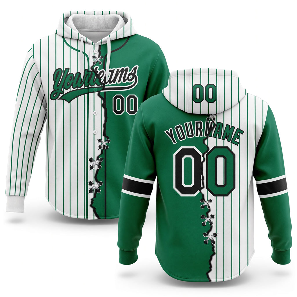 Custom White Kelly Green Pinstripe-Black Split Ripped Pattern Baseball Pullover Sweatshirt Hoodie