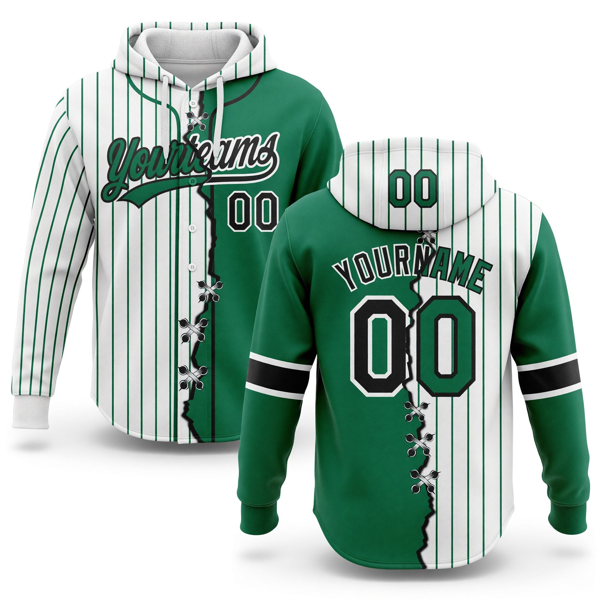Custom White Kelly Green Pinstripe-Black Split Ripped Pattern Baseball Pullover Sweatshirt Hoodie