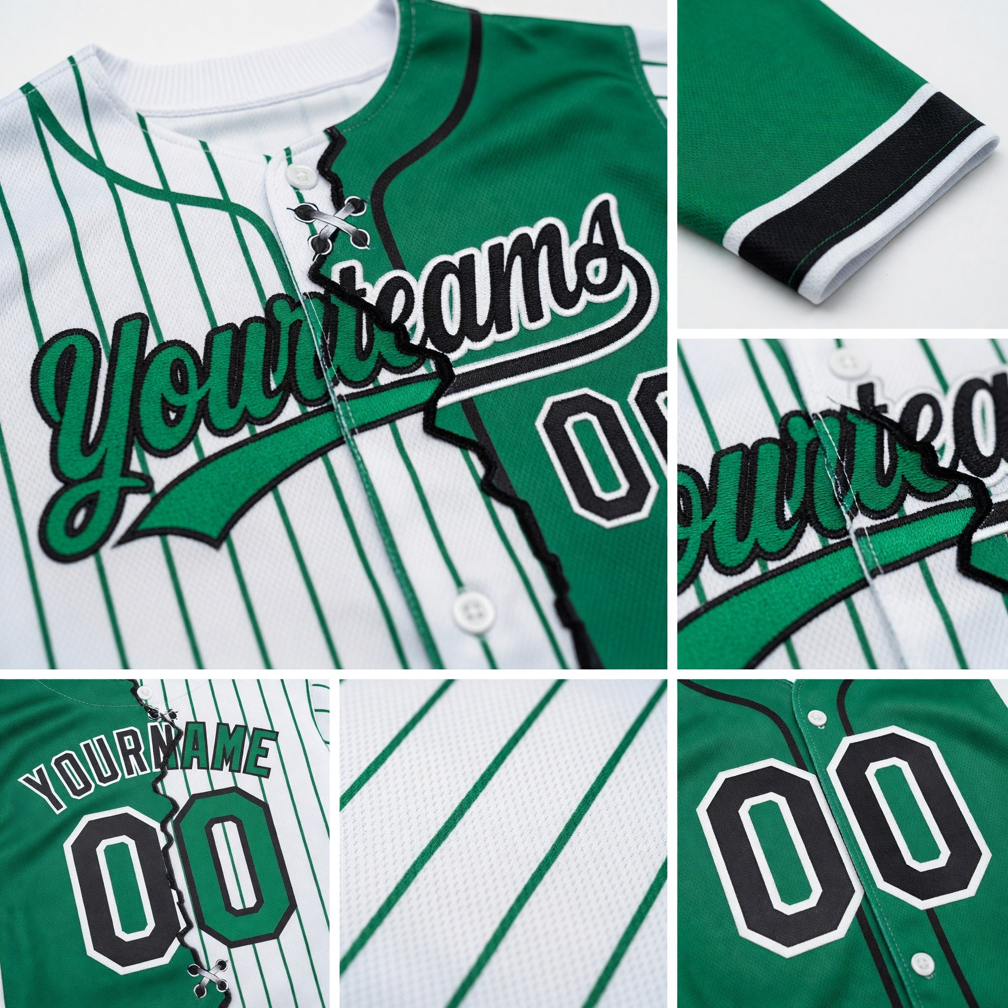 Custom White Kelly Green Pinstripe-Black Split Ripped Pattern Baseball Pullover Sweatshirt Hoodie detail