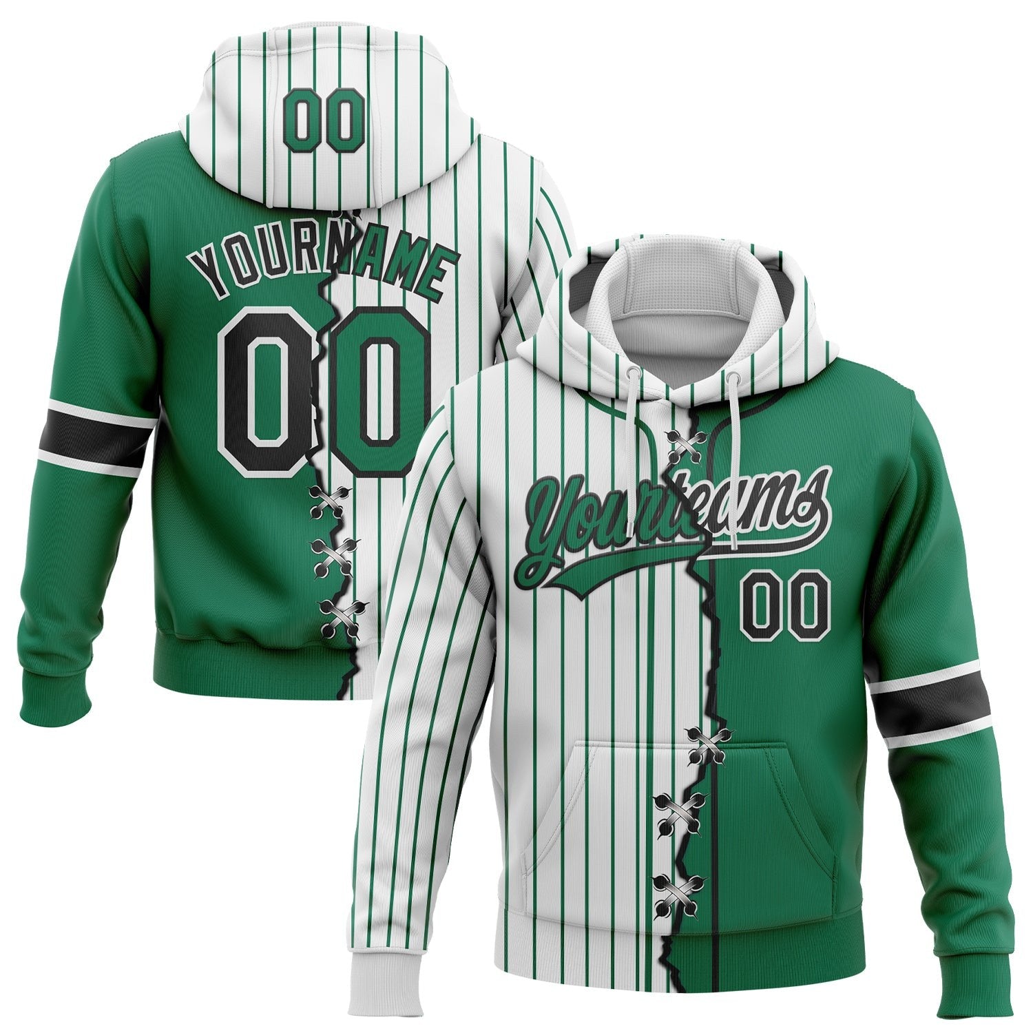 Custom White Kelly Green Pinstripe-Black Split Ripped Pattern Baseball Pullover Sweatshirt Hoodie photo 1