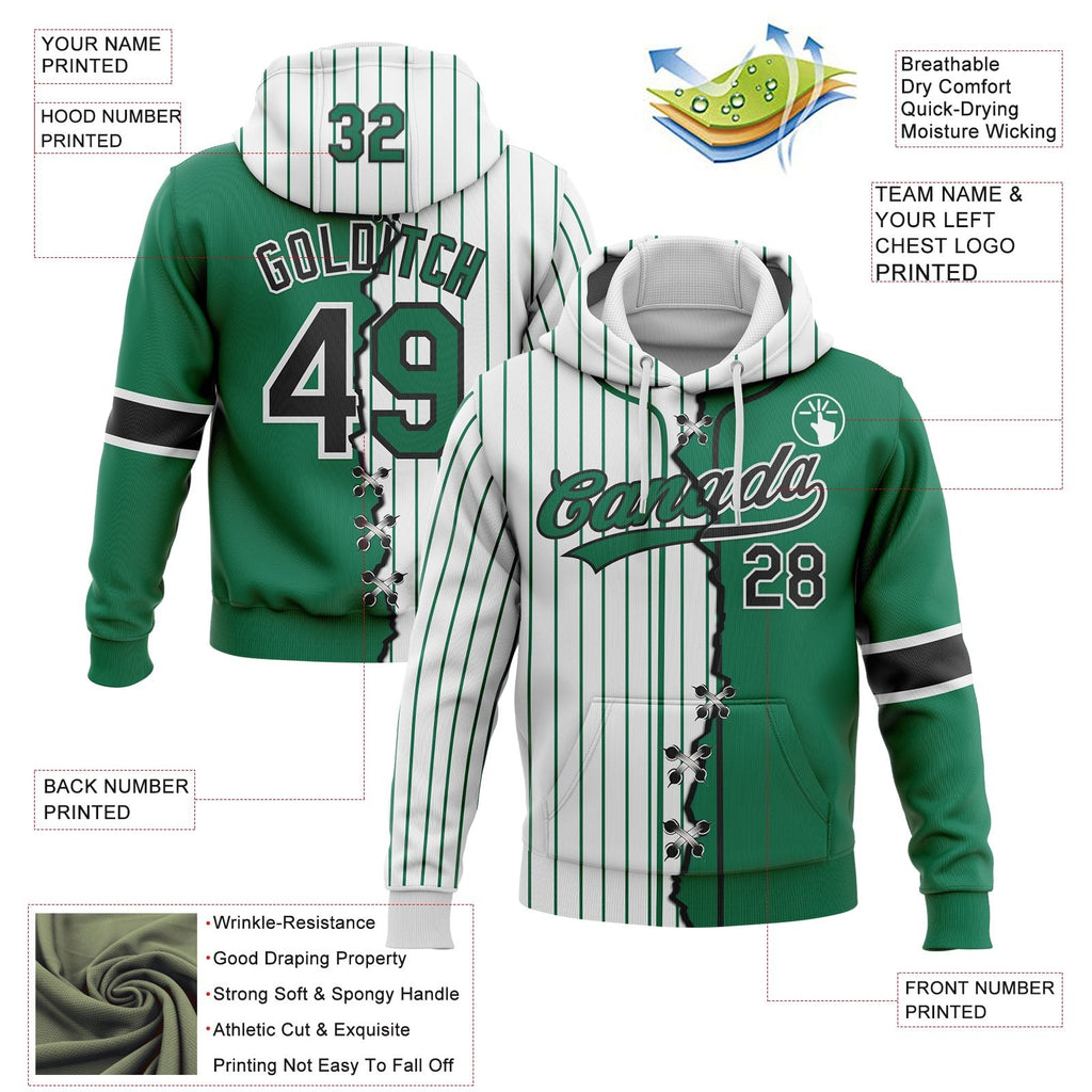 Custom White Kelly Green Pinstripe-Black Split Ripped Pattern Baseball Pullover Sweatshirt Hoodie photo 3