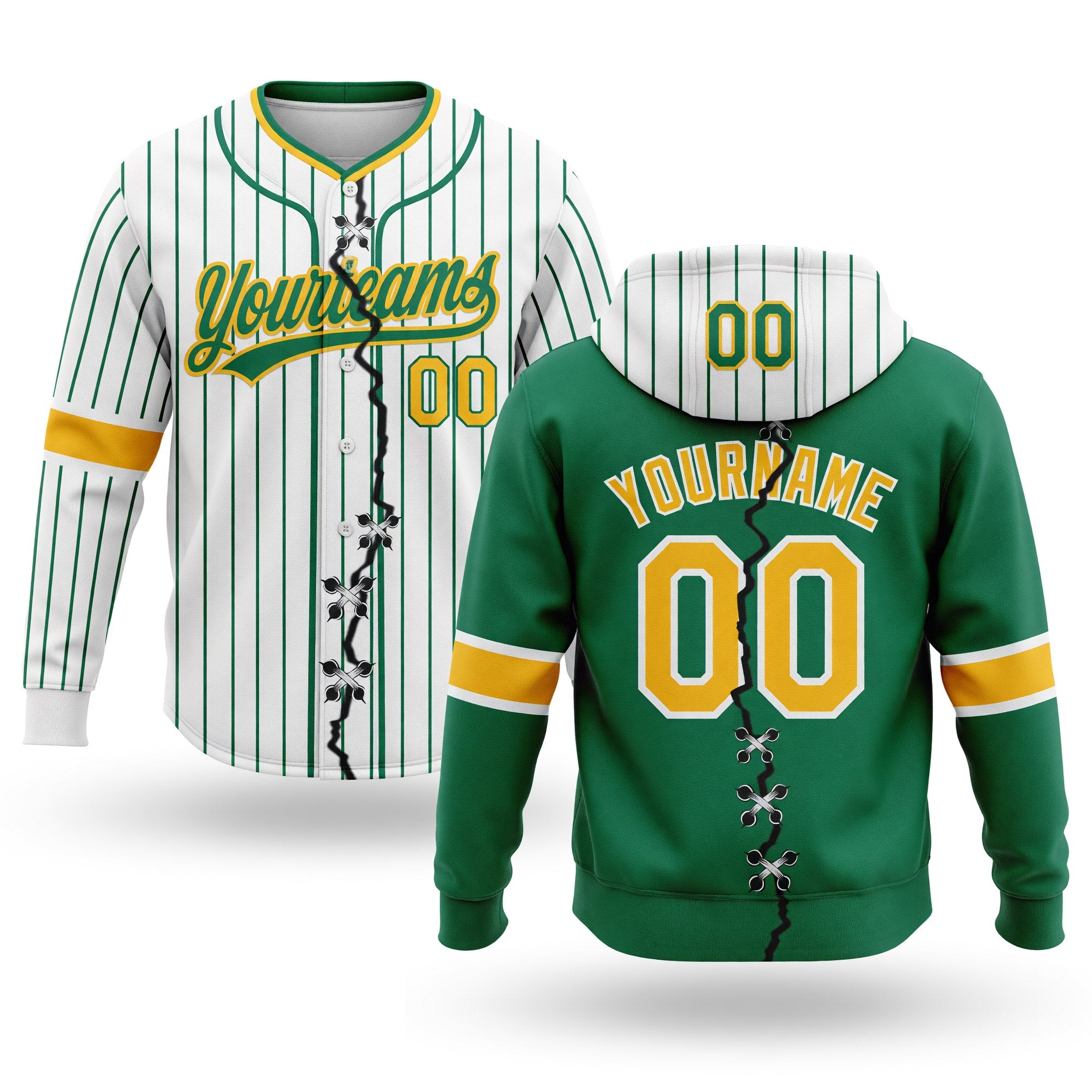 Custom White Kelly Green Pinstripe-Gold Split Ripped Pattern Baseball Pullover Sweatshirt Hoodie