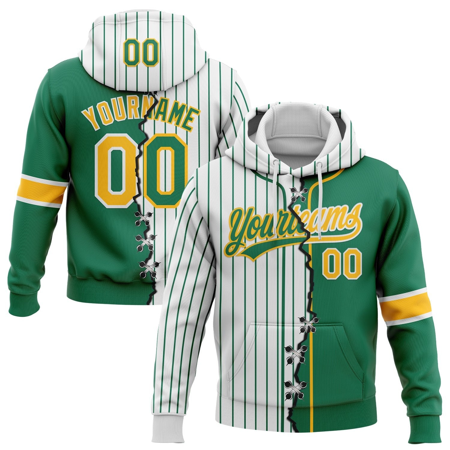 Custom White Kelly Green Pinstripe-Gold Split Ripped Pattern Baseball Pullover Sweatshirt Hoodie photo 1
