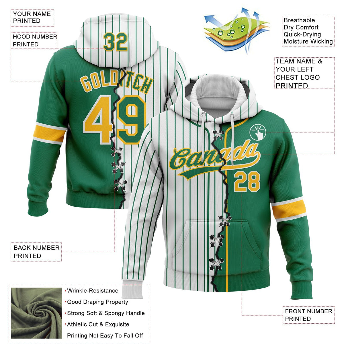Custom White Kelly Green Pinstripe-Gold Split Ripped Pattern Baseball Pullover Sweatshirt Hoodie photo 3