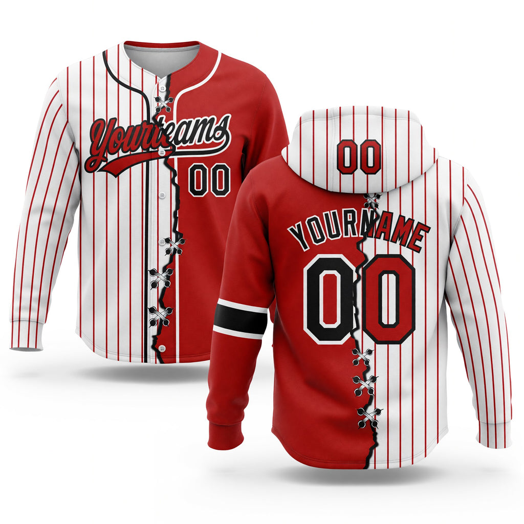 Custom White Red Pinstripe-Black Split Ripped Pattern Baseball Pullover Sweatshirt Hoodie