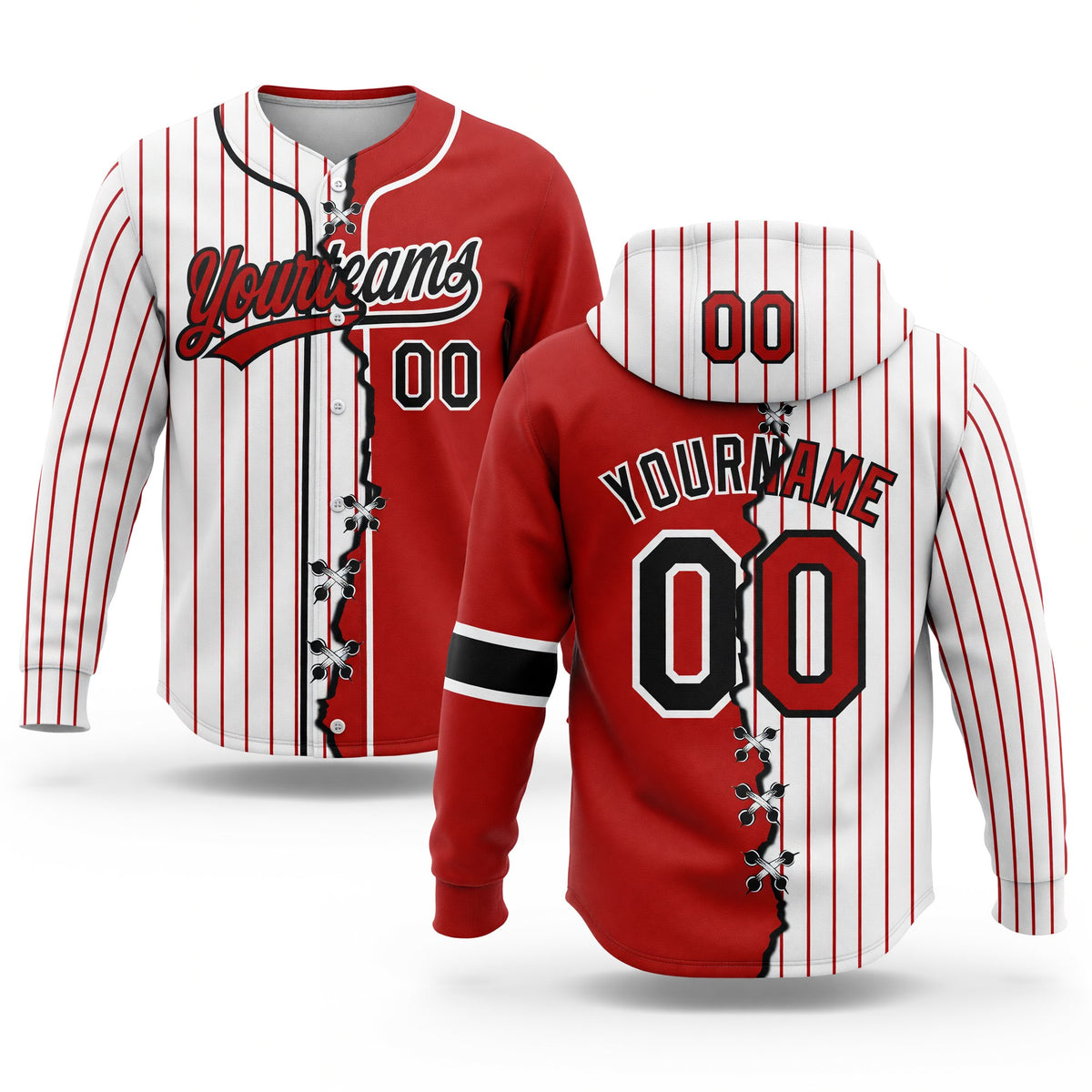 Custom White Red Pinstripe-Black Split Ripped Pattern Baseball Pullover Sweatshirt Hoodie
