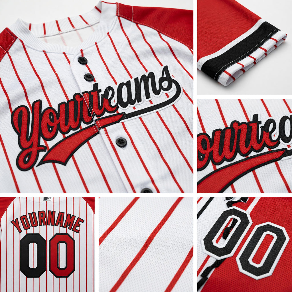 Custom White Red Pinstripe-Black Split Ripped Pattern Baseball Pullover Sweatshirt Hoodie detail