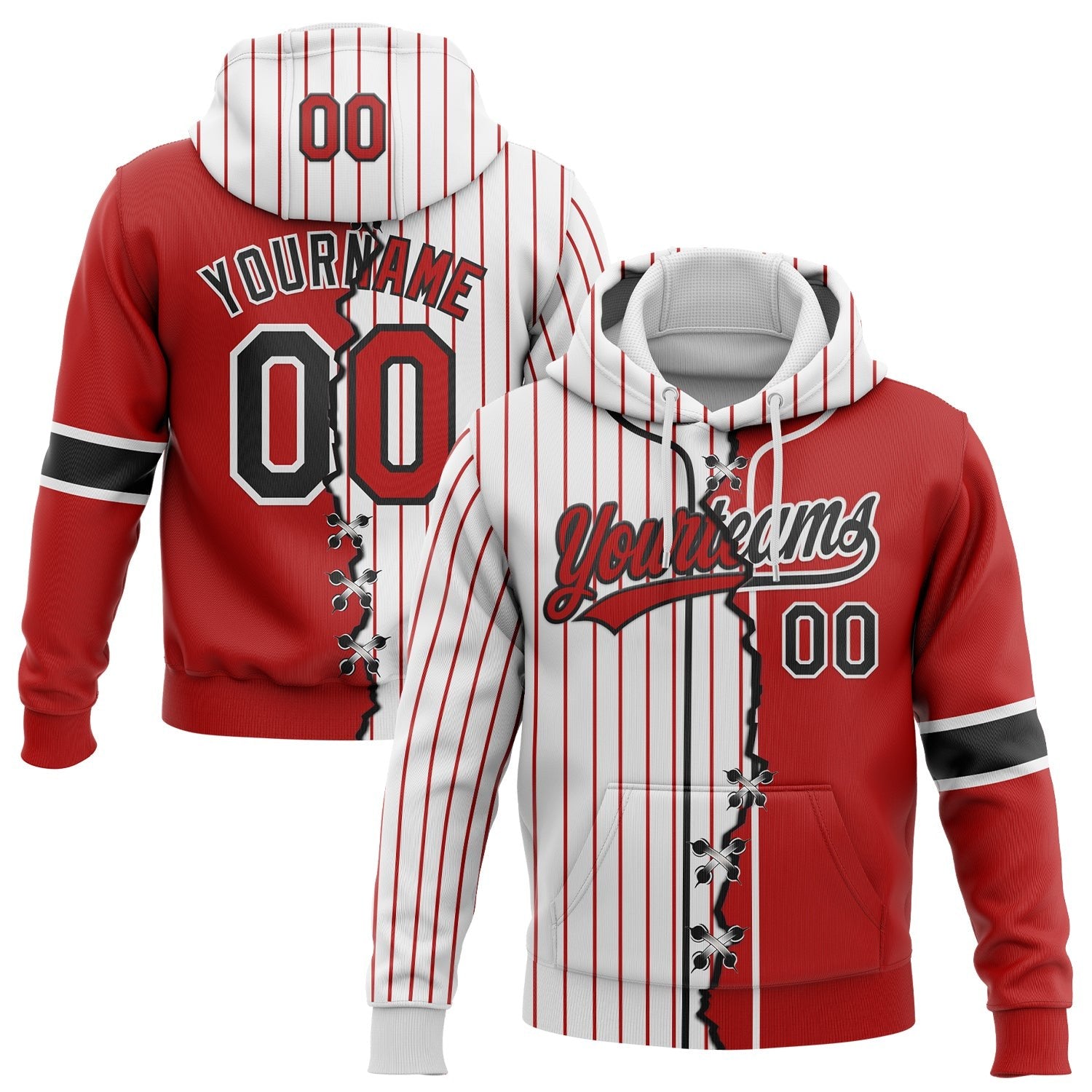 Custom White Red Pinstripe-Black Split Ripped Pattern Baseball Pullover Sweatshirt Hoodie photo 1