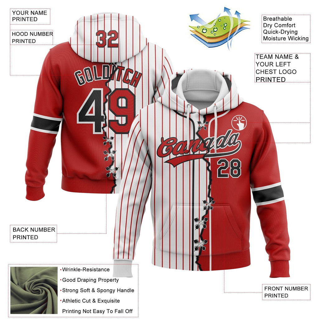 Custom White Red Pinstripe-Black Split Ripped Pattern Baseball Pullover Sweatshirt Hoodie photo 3