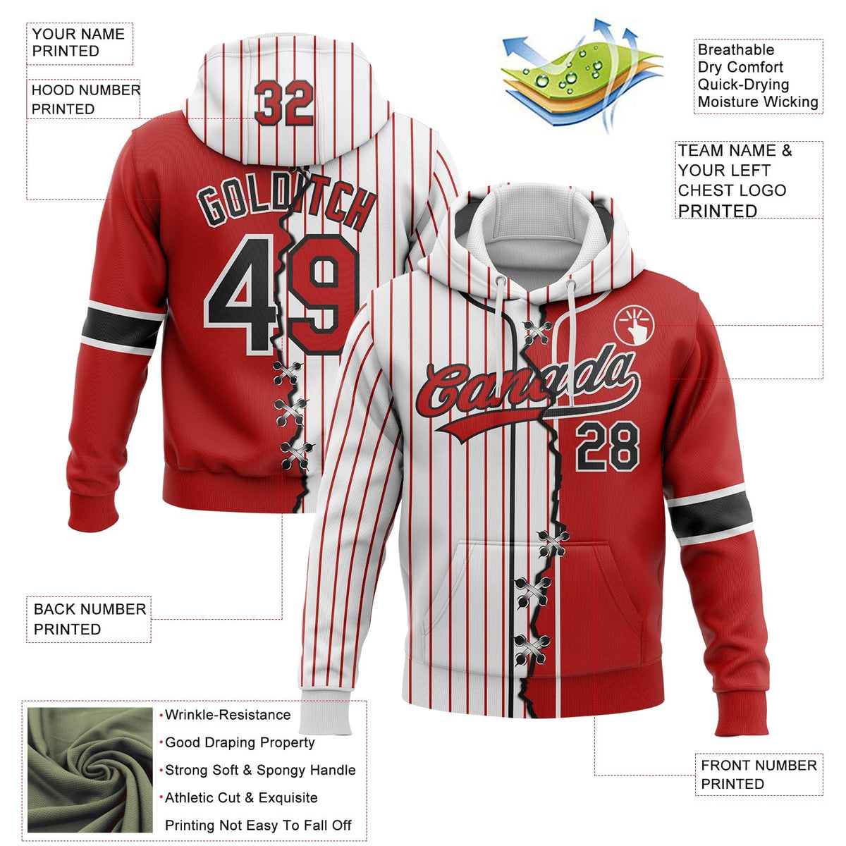 Custom White Red Pinstripe-Black Split Ripped Pattern Baseball Pullover Sweatshirt Hoodie photo 3