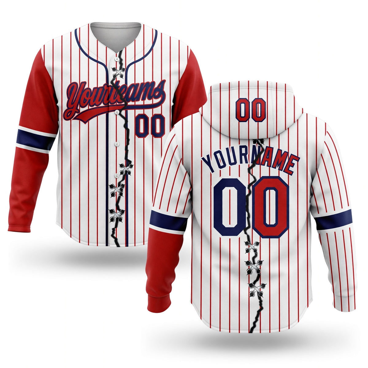 Custom White Red Pinstripe-Navy Split Ripped Pattern Baseball Pullover Sweatshirt Hoodie