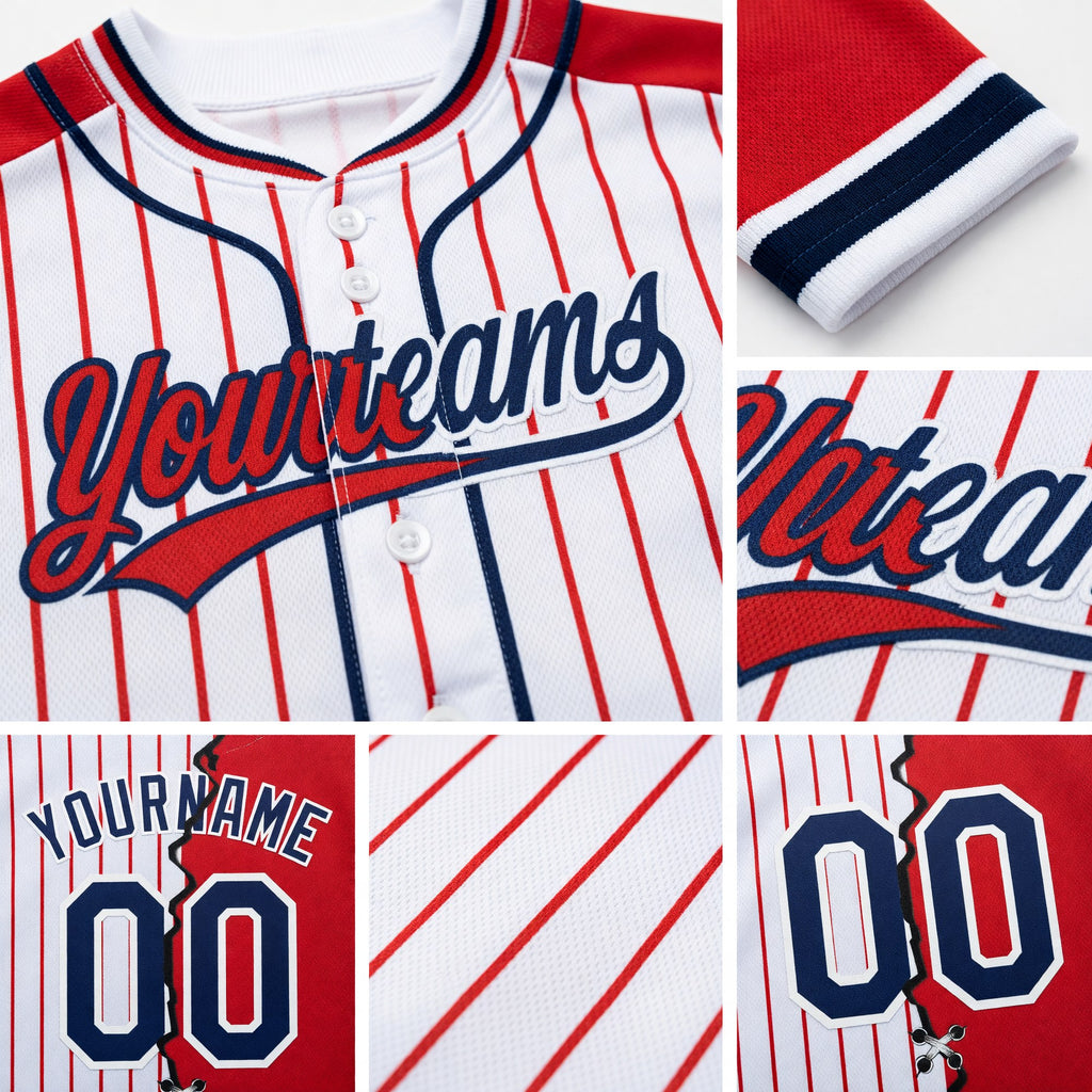 Custom White Red Pinstripe-Navy Split Ripped Pattern Baseball Pullover Sweatshirt Hoodie detail